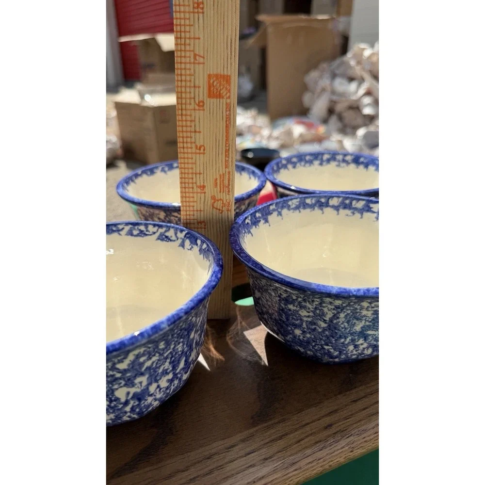 Set of 4 Blue Spongeware Farm Animal Bowls Rustic Pottery Cups‎